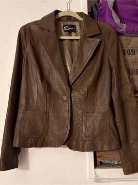 Vintage Lambskin Leather Brown Blazer Jacket with Embroidered Appliqués Size Med